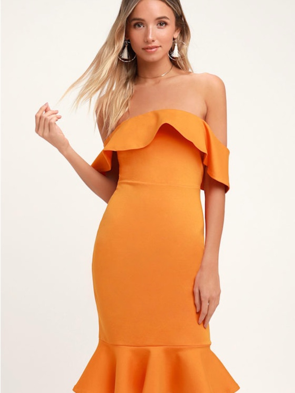 Confidence Boost Orange Off-the-Shoulder Bodycon Midi Dress